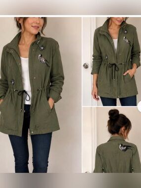 CAbi Olive Green Utility Anorak with Bird Embroidery